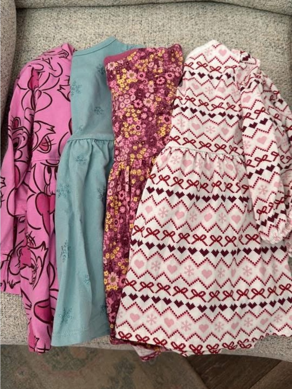 (6) Girls' Pink and Teal Mixed-Pattern Dress Bundle - Floral & Fair Isle Styles